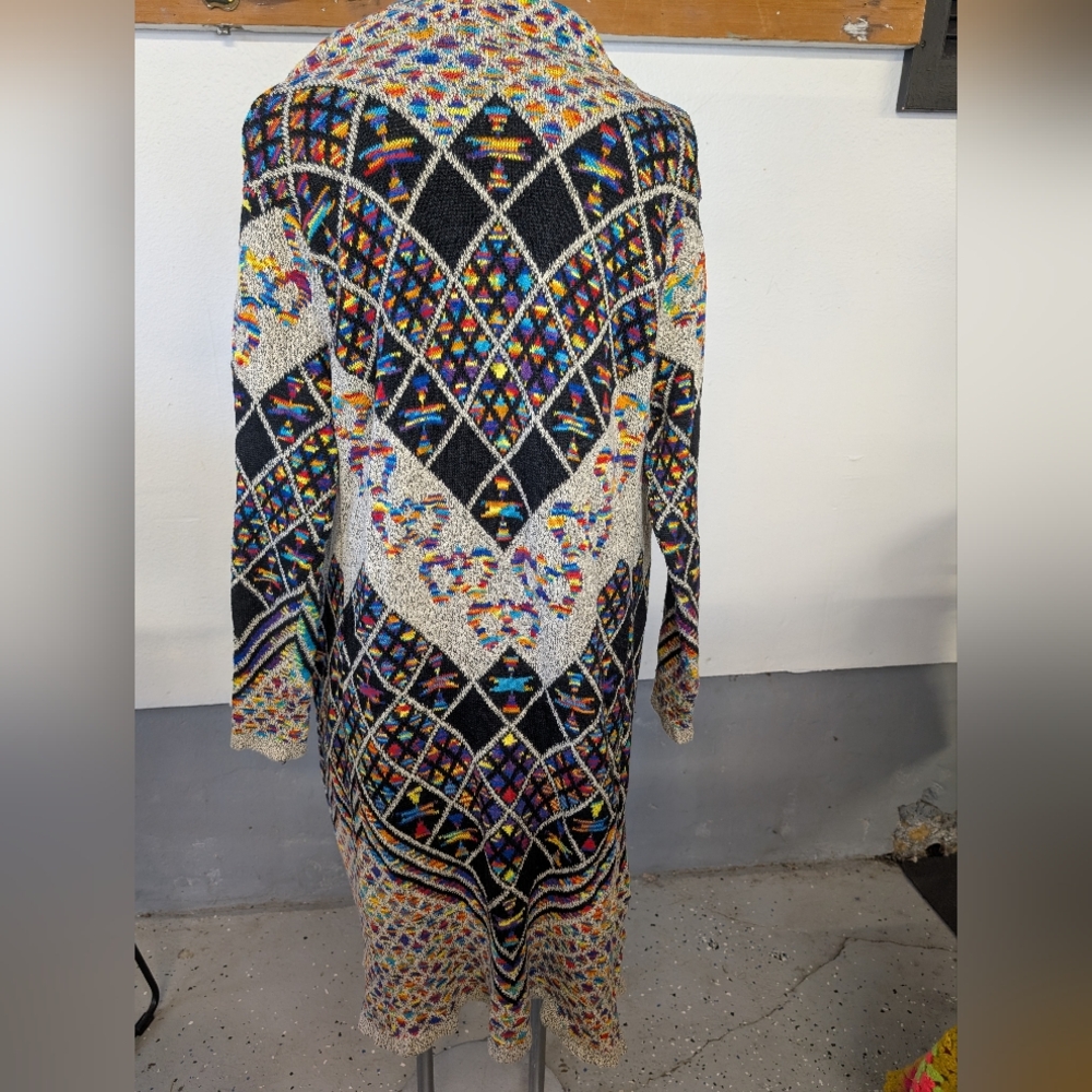 Cardigan  Hooded Open Front Bohemian Geometric Patterned Long Sweater NWT Sz S/M